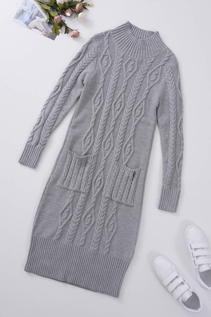 Winter Gray High Neck Textured Bodycon Sweater Dress