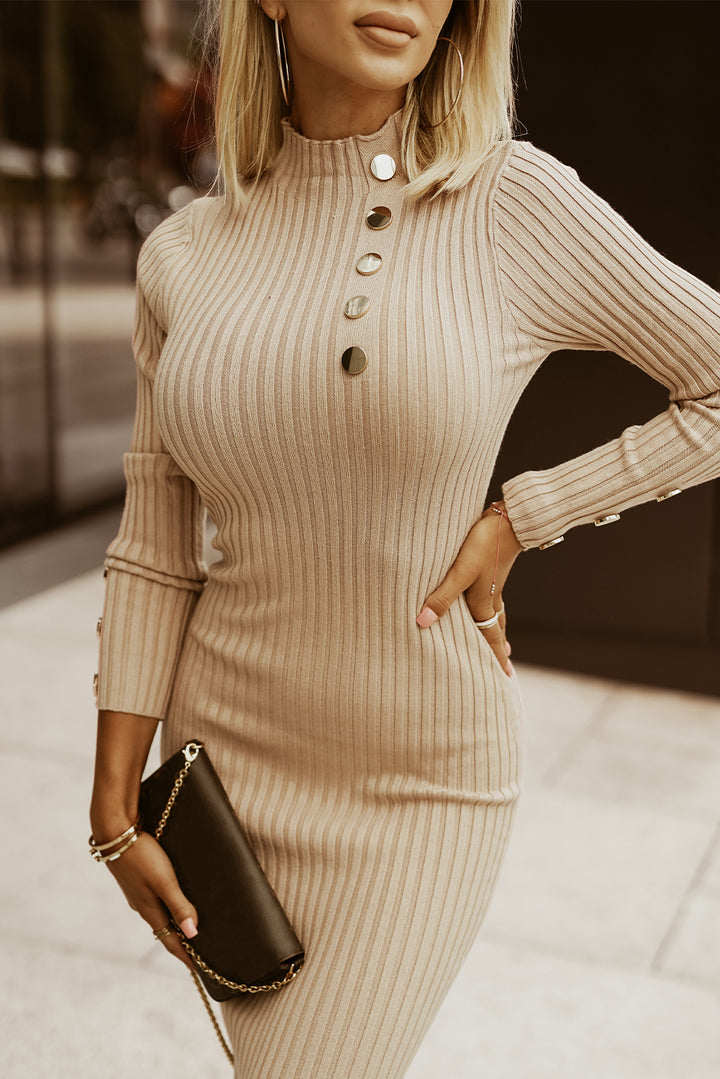 Khaki High Neck Metal Button Ribbed Sweater Dress