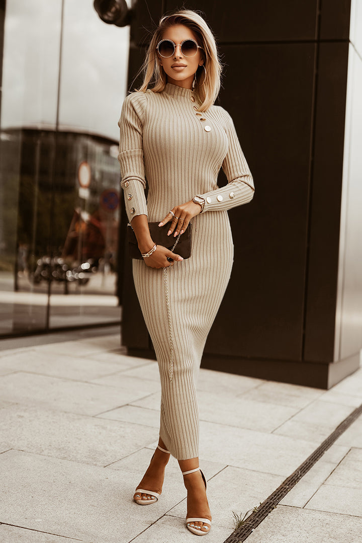 Khaki High Neck Metal Button Ribbed Sweater Dress