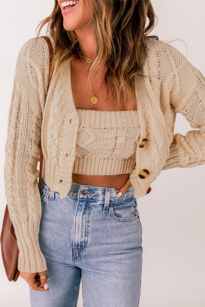 Two-piece Apricot Cable Knit Crop Cardigan With Camisole