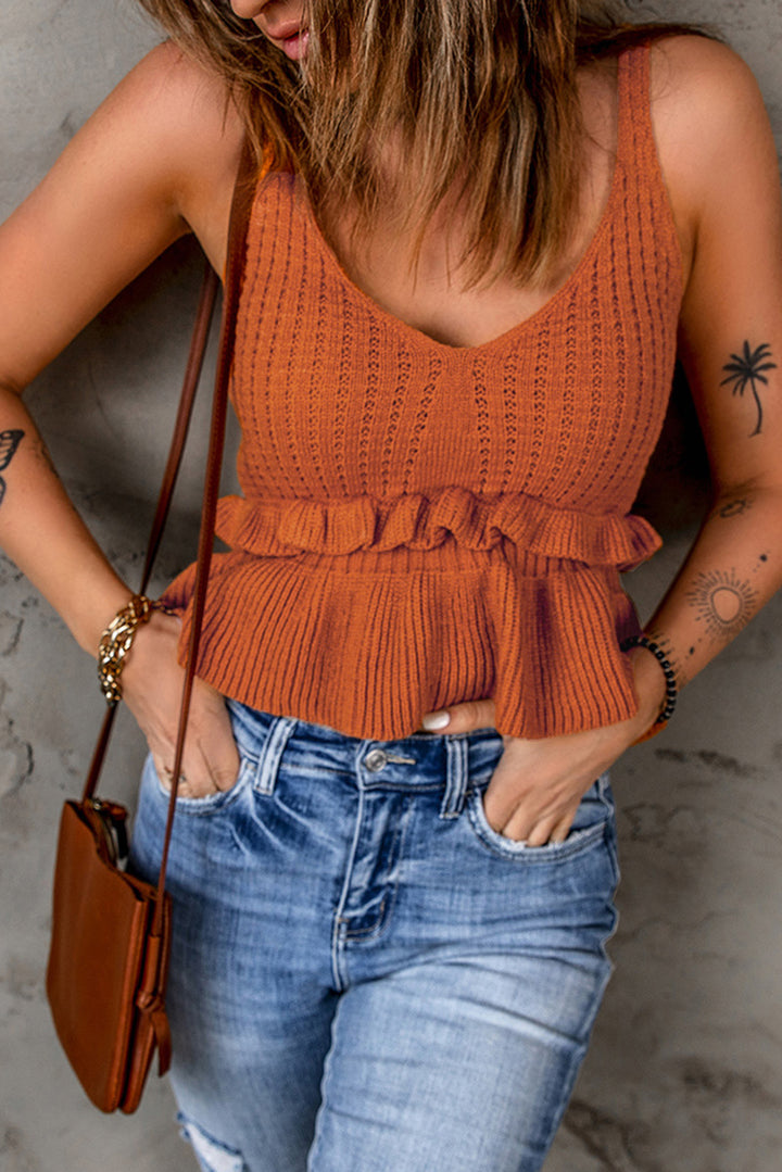 Brown V Neck Ruffled Knitted Cropped Tank Top