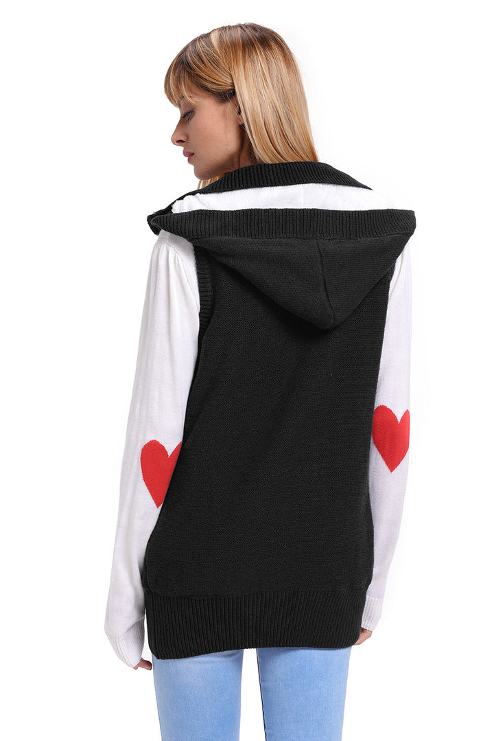 Women Black Cable Knit Hooded Sweater Vest