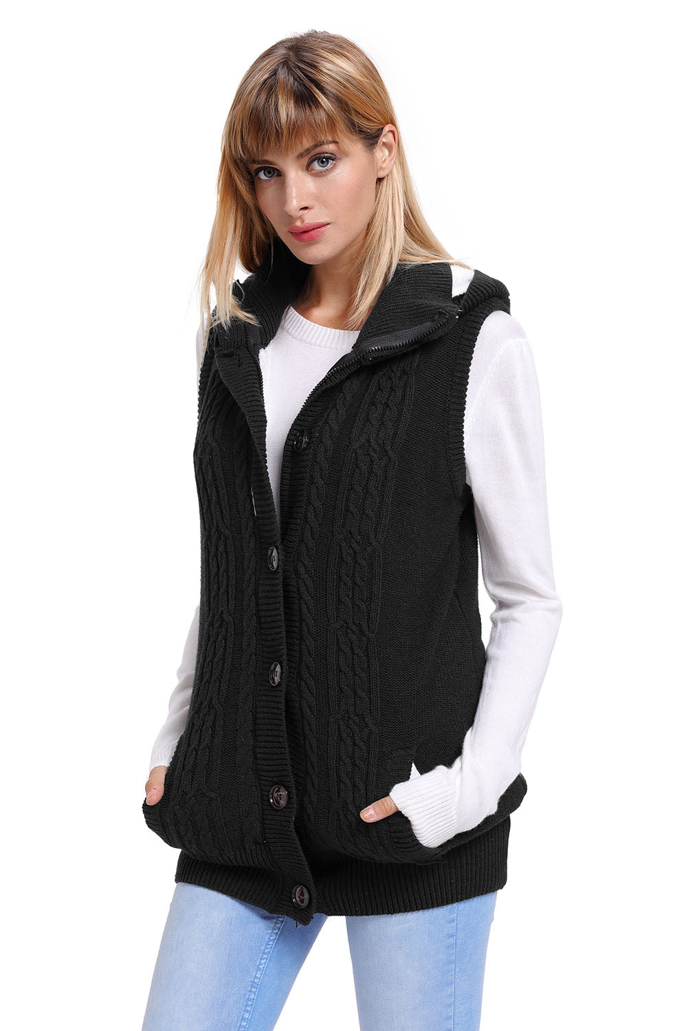 Women Black Cable Knit Hooded Sweater Vest