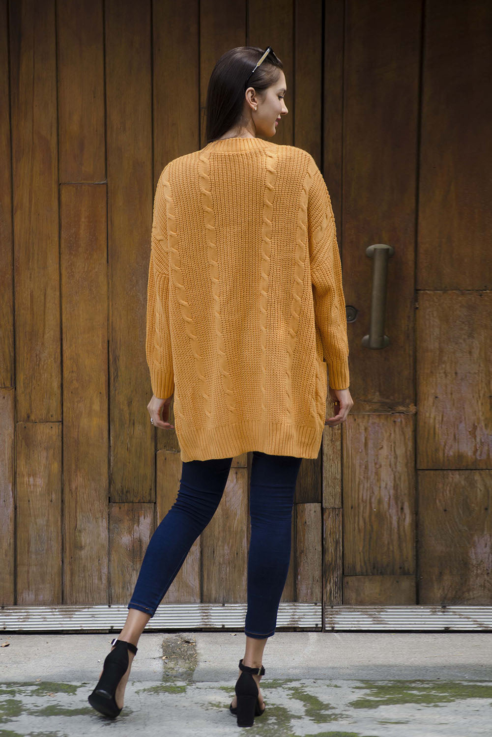 Mustard Knit Texture Long Sleeve Cardigan with pockets