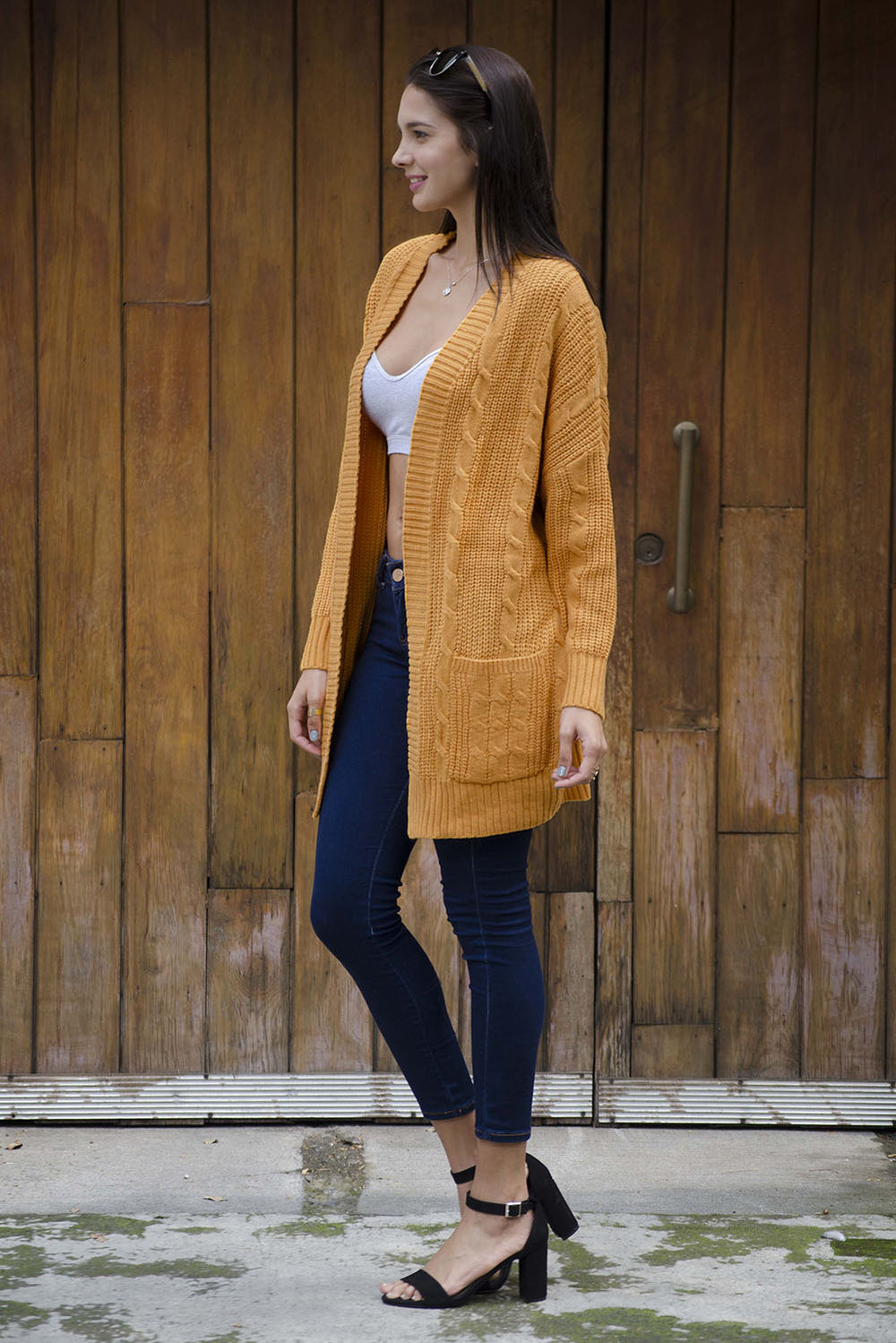 Mustard Knit Texture Long Sleeve Cardigan with pockets