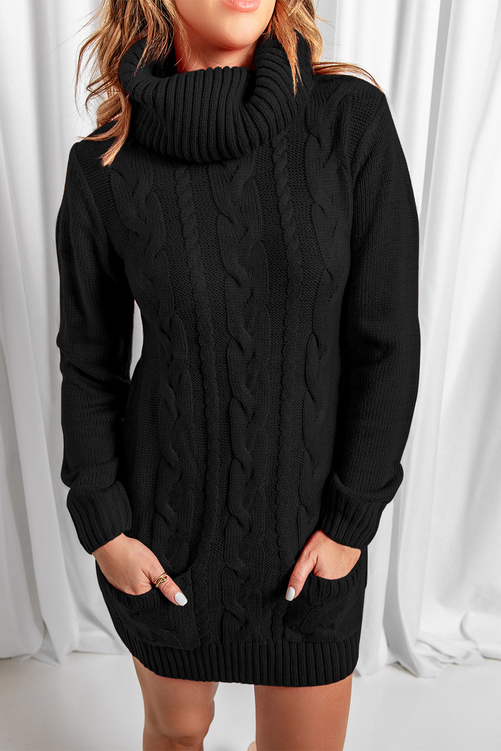 Black Cowl Neck Pockets Cable Knit Sweater Dress mb27836-2 – ModeShe