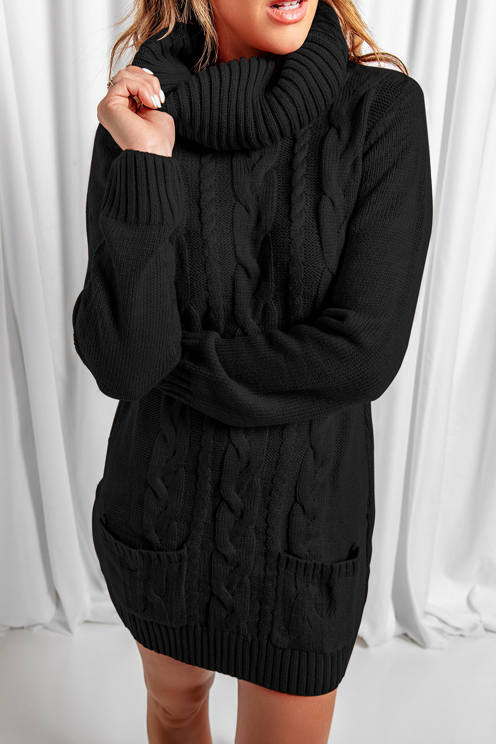 Black Cowl Neck Pockets Cable Knit Sweater Dress