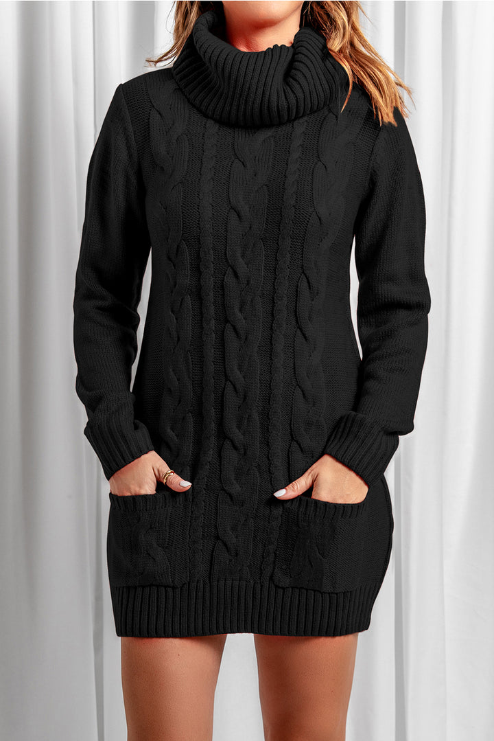 Black Cowl Neck Pockets Cable Knit Sweater Dress