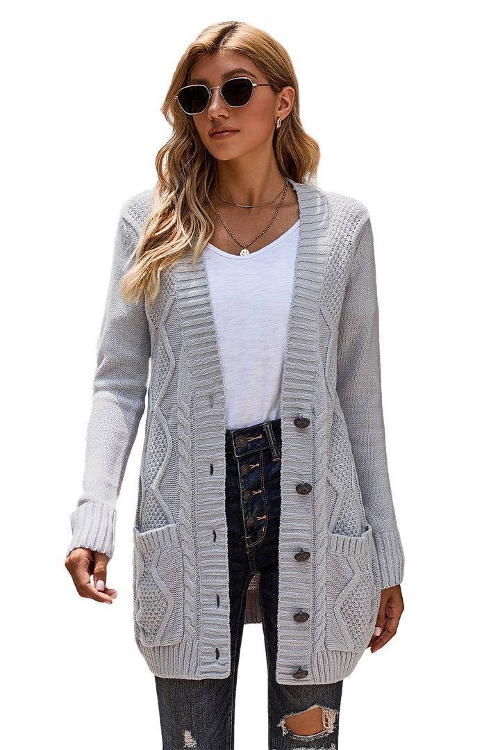 Casual Gray Front Pocket and Buttons Closure Cardigan