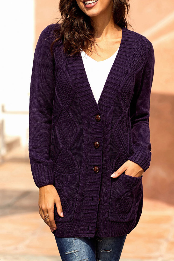 Women Purple Front Pocket And Buttons Closure Cardigan