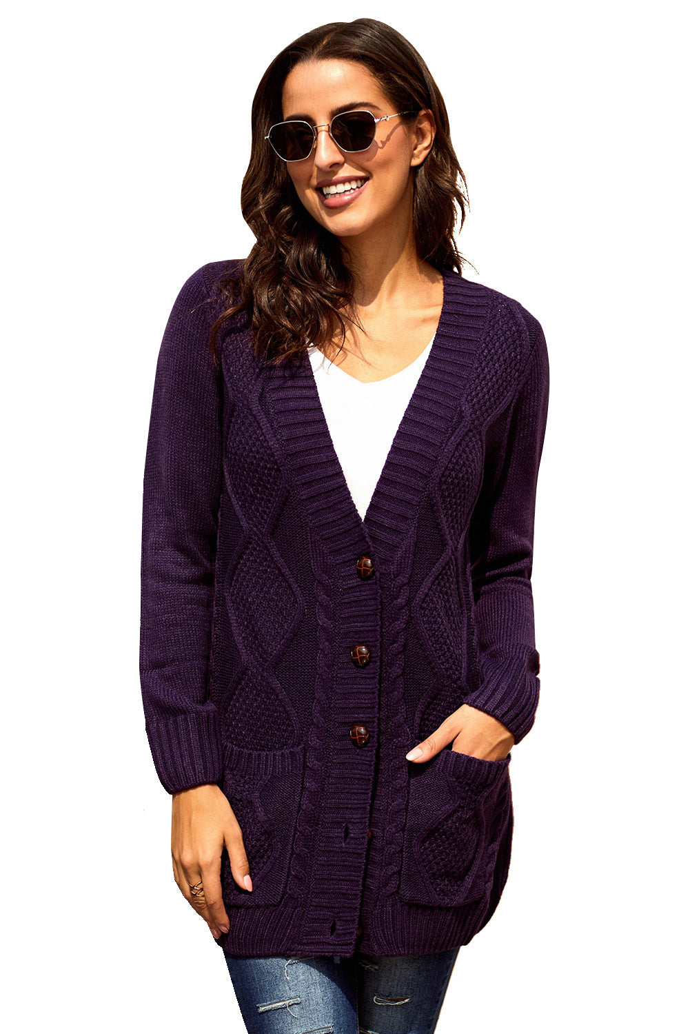 Women Purple Front Pocket And Buttons Closure Cardigan