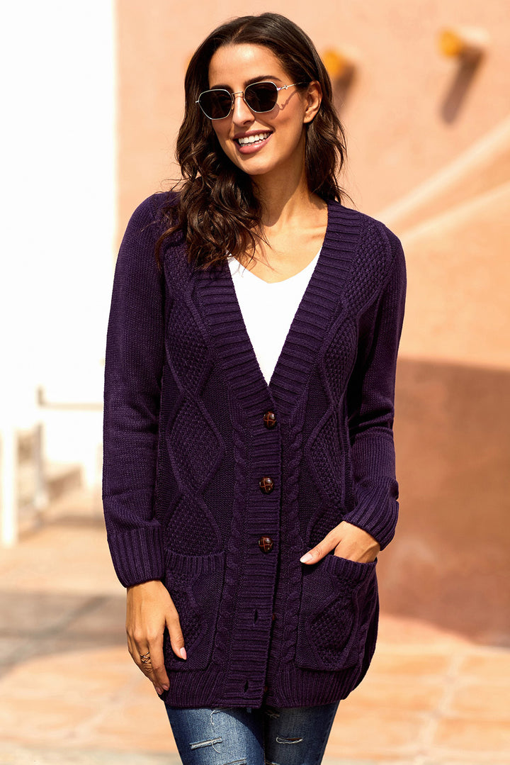 Women Purple Front Pocket And Buttons Closure Cardigan