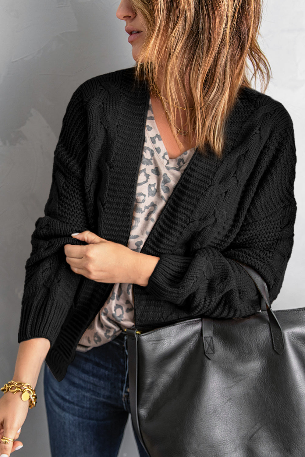 Fashion Black Chunky Wide Long Sleeve Knit Cardigan