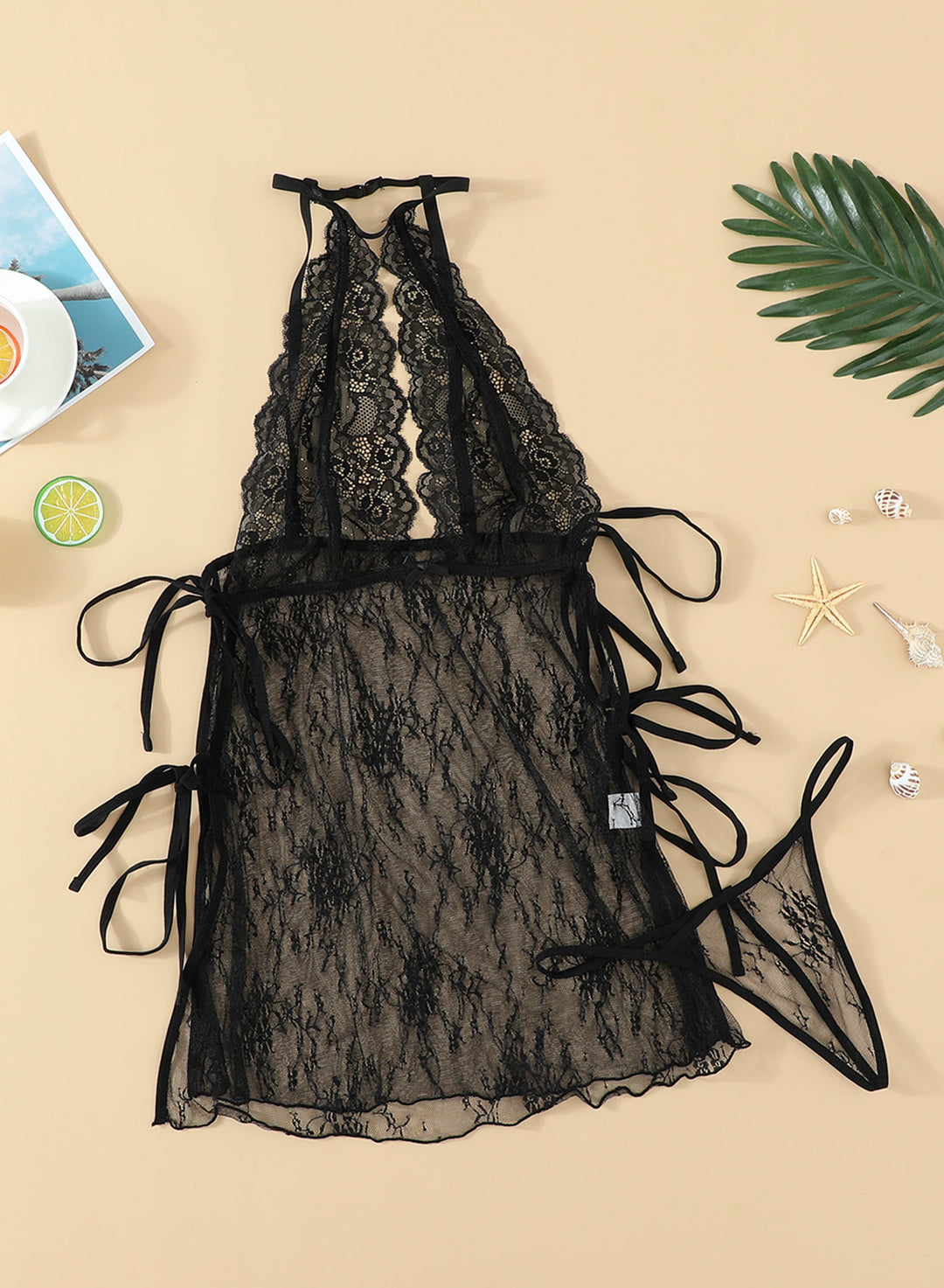 Black Lace See Through Cut Out Toga Chemise