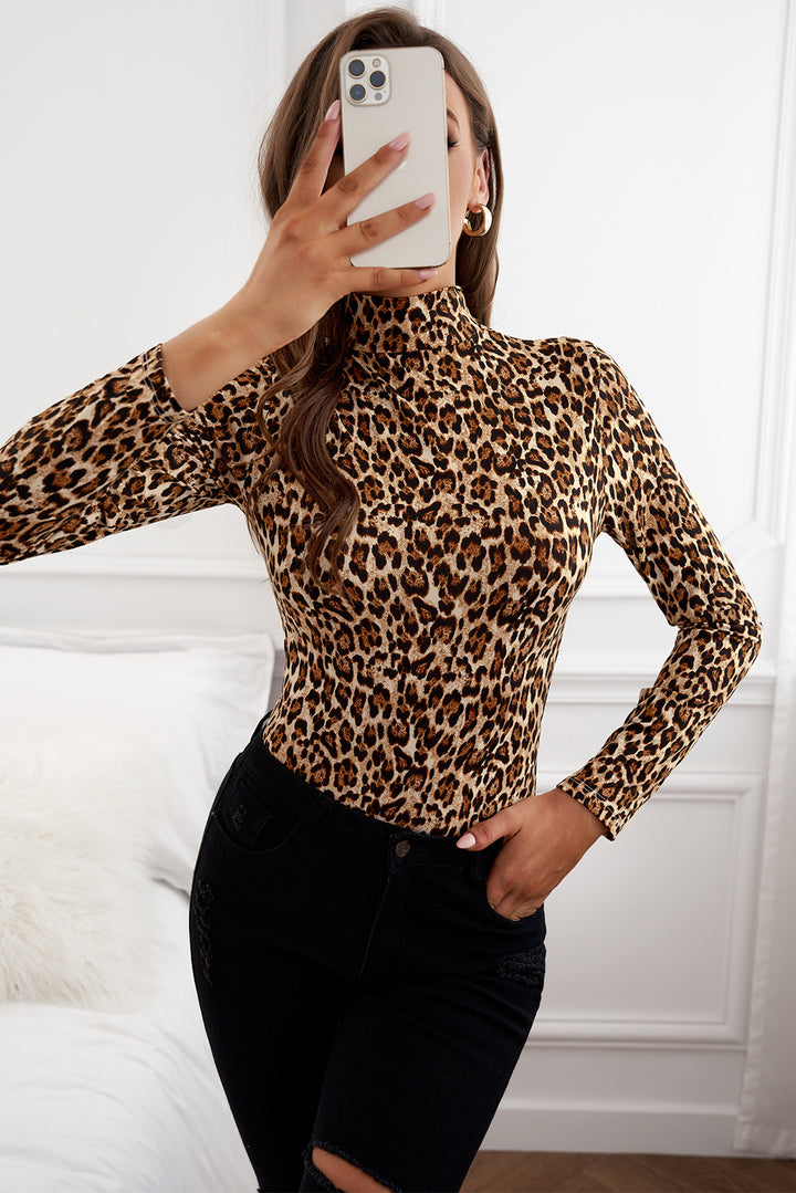 Mock Neck Long Sleeves Leopard Print Bodysuit