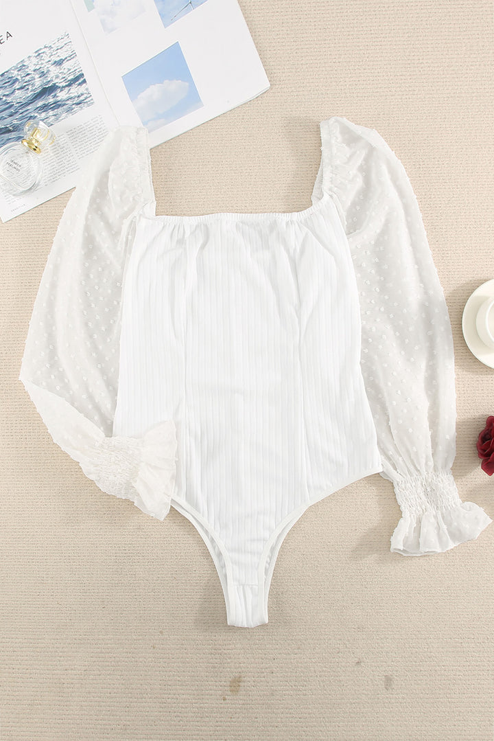 Chic White Solid Swiss Dot Ribbed Puff Sleeve Bodysuit