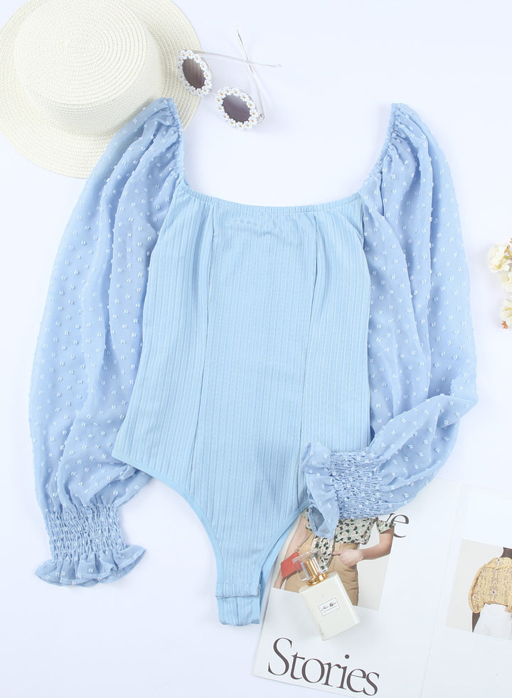 Sky Blue Solid Swiss Dot Ribbed Puff Sleeve Bodysuit