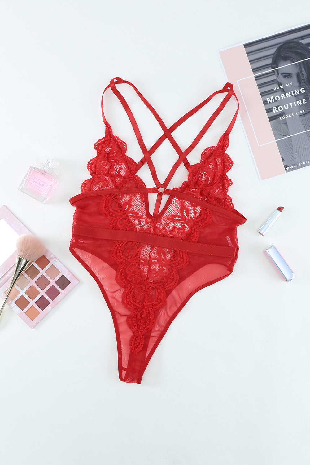 Red Lace Plunge High Leg Teddy Lingerie