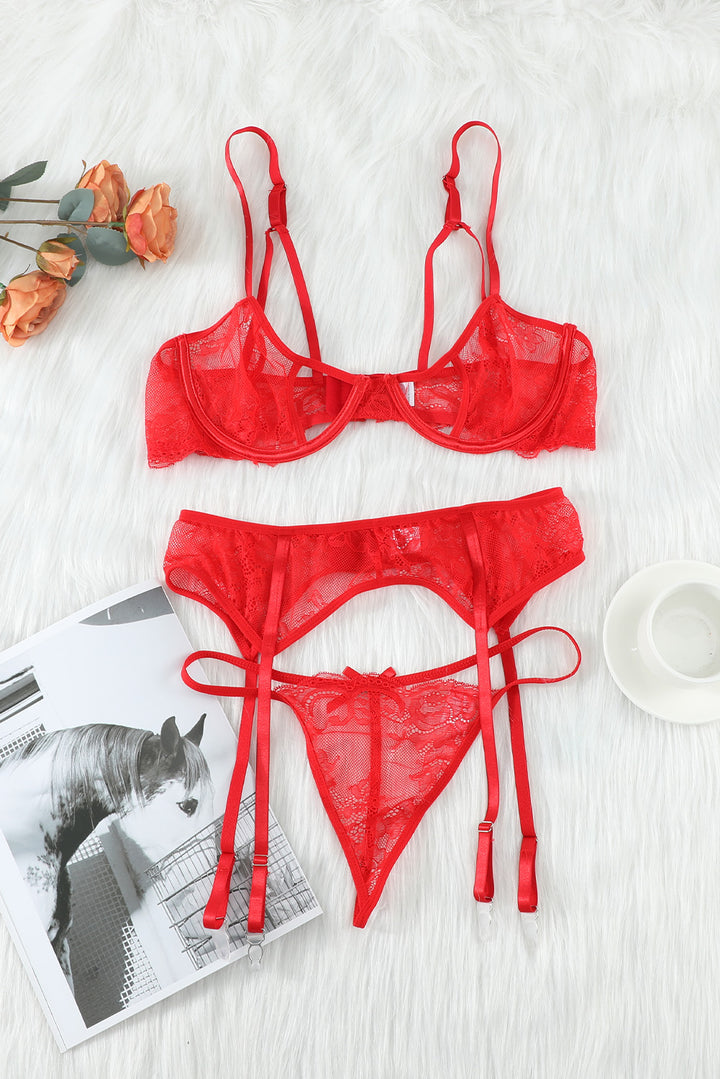 Red 3pcs Lace Bralette Thong and Garter Belt