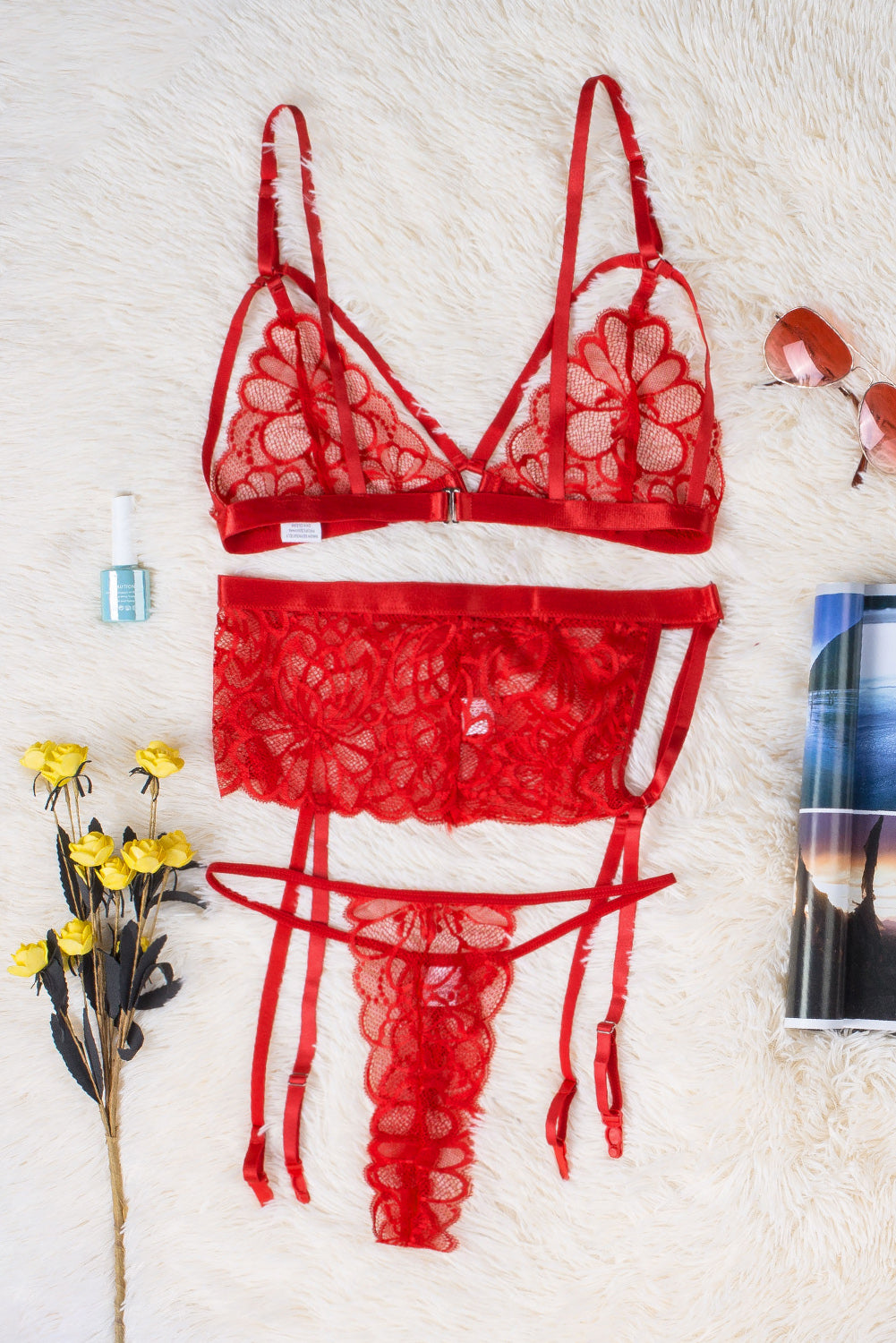Red Lace Strappy 3pcs Lingerie Set with Garter Belt