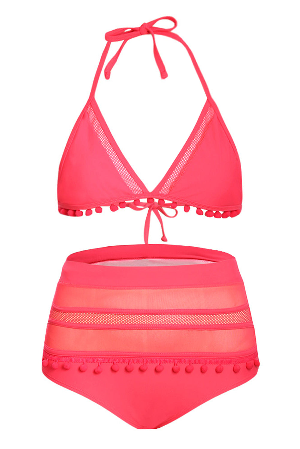 Rosy Pom Pom Mesh Insert High Waist Bikini Set