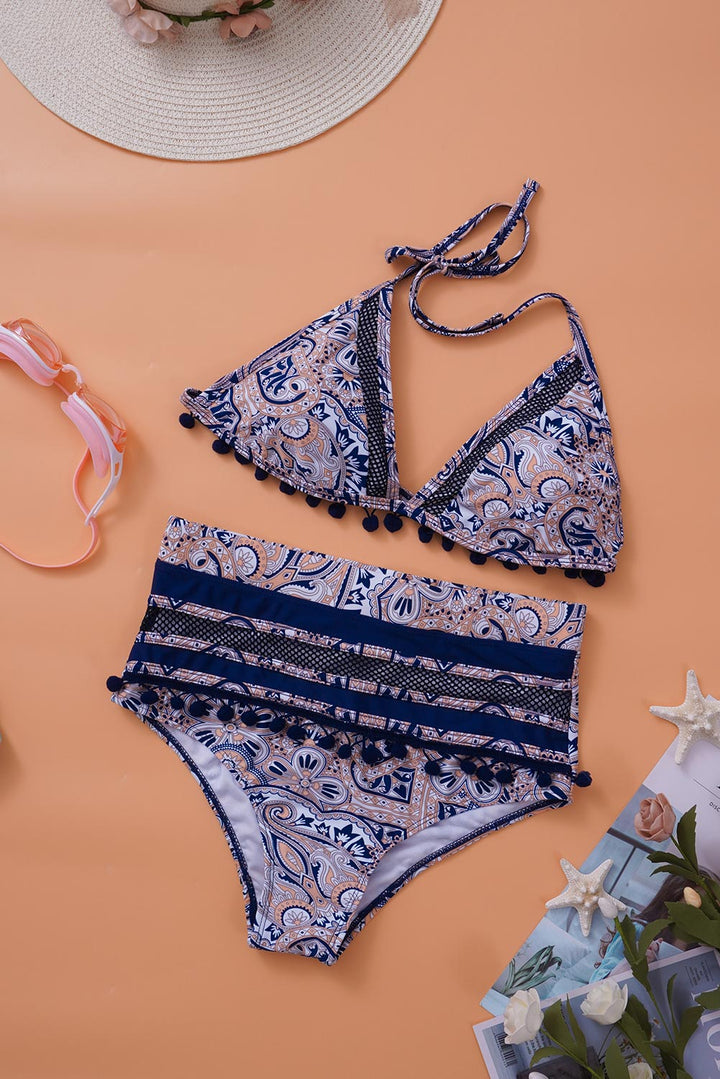 Blue Paisley Print Stripe Tassel Trim High Waist Bikini
