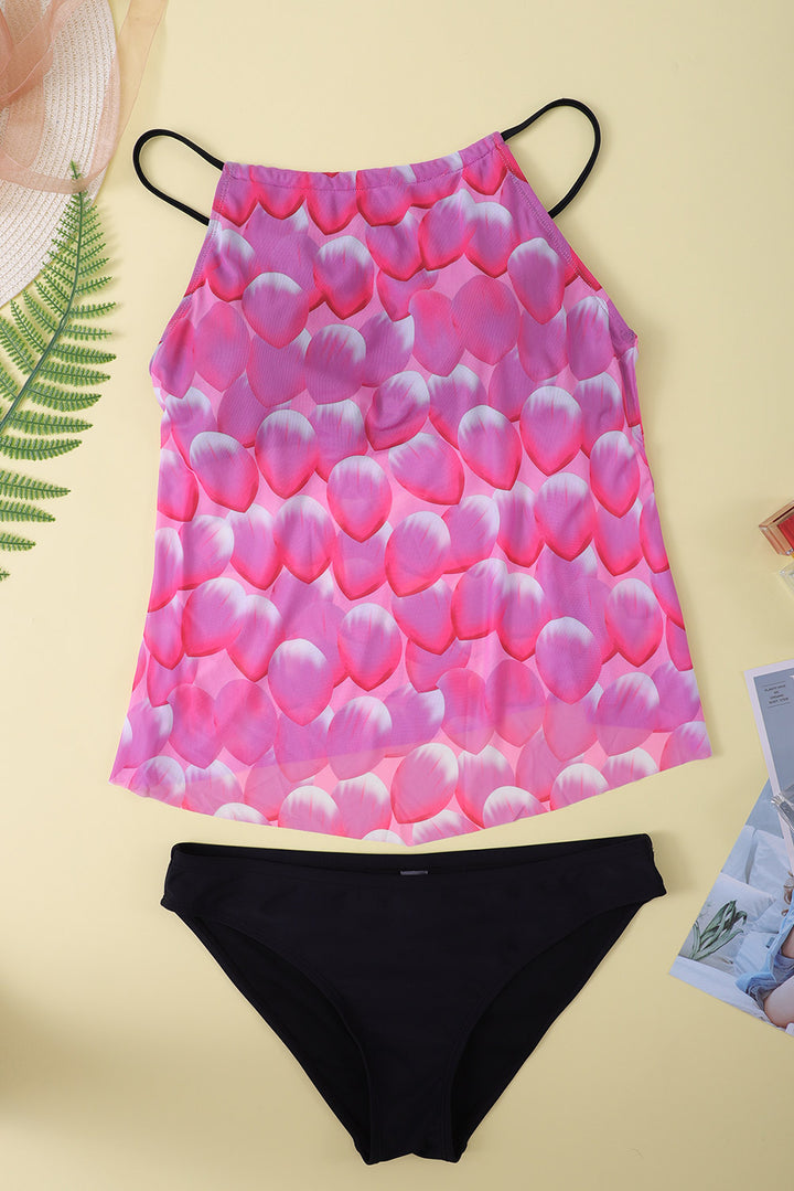 Cute Rose Mesh Petal Print Top Tankini Swimsuit