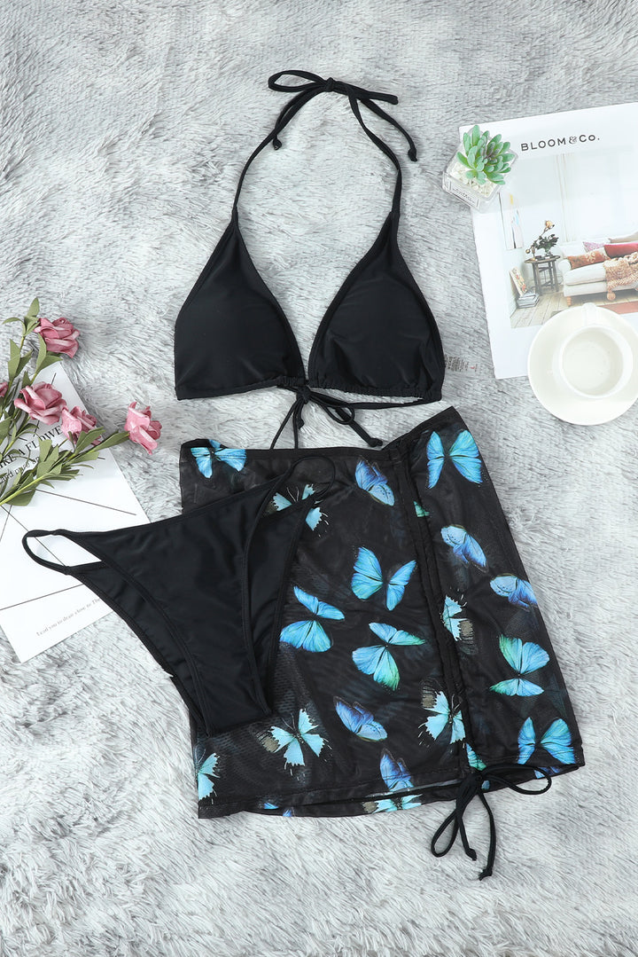Black Halter Triangle Bikini Set with Drawstring Print Skirt