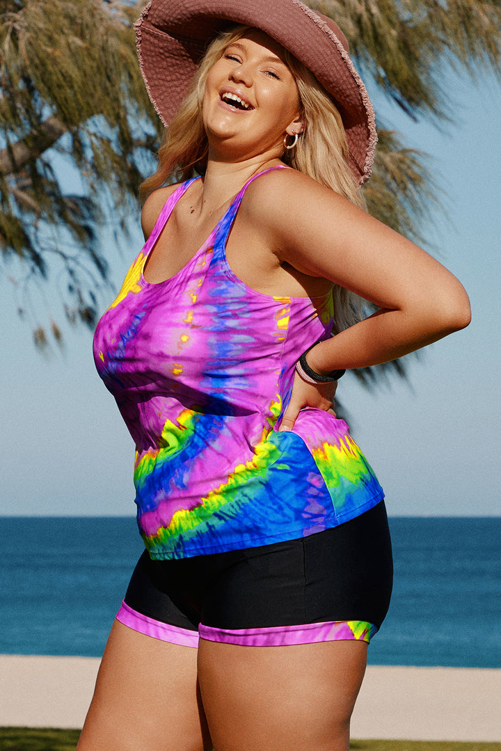 Womens Multicolor Rainbow Tie-dye Plus Size Tankini