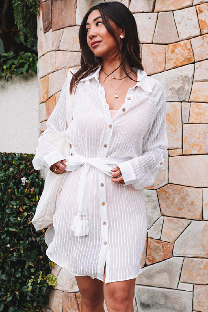 White Striped Shirt Dress Beach Cover up with Belt