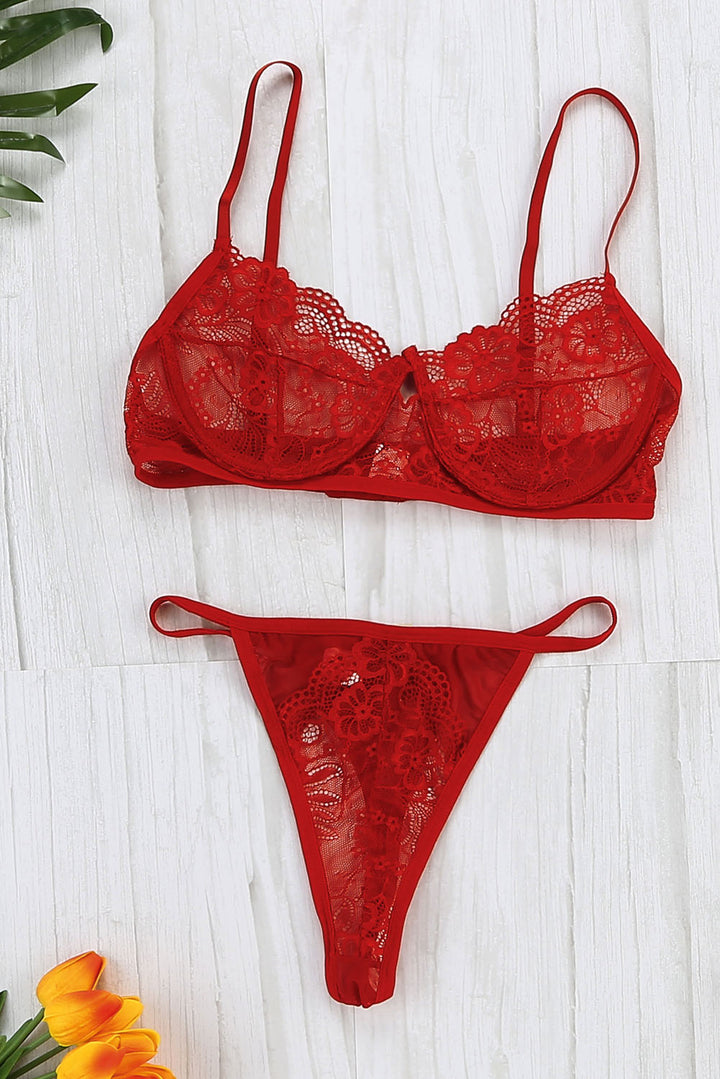 Red Lace Blossom Balcony Sexy Lingerie Bralette  & Thong