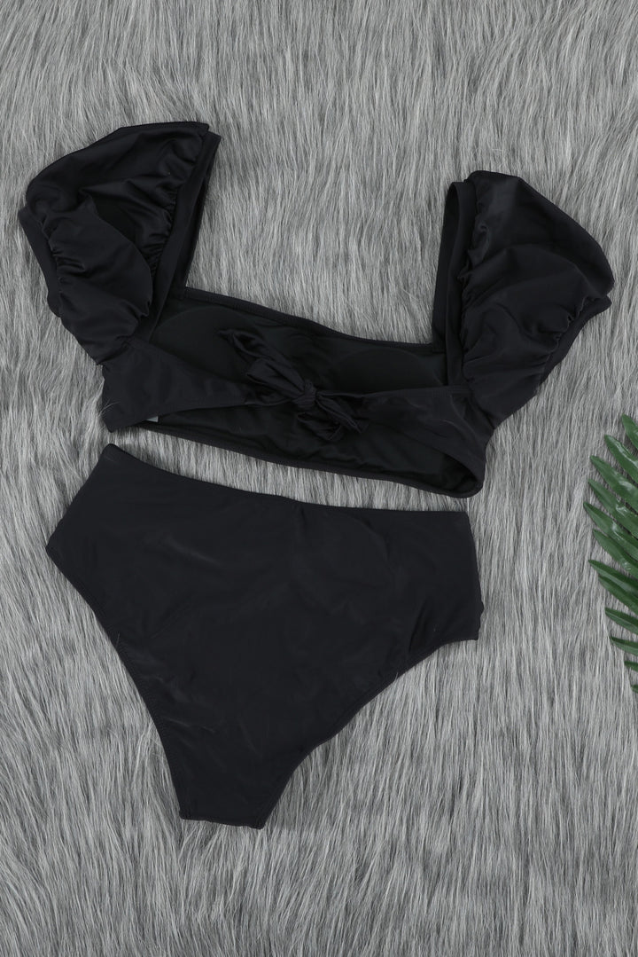 Black Bubble Sleeves Square Neck High Waist Bikini