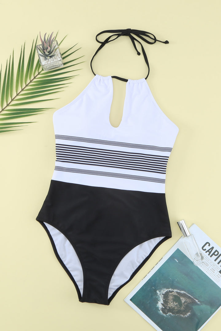 Halter Neck Whiter Black Striped Backless One-piece Swimwear