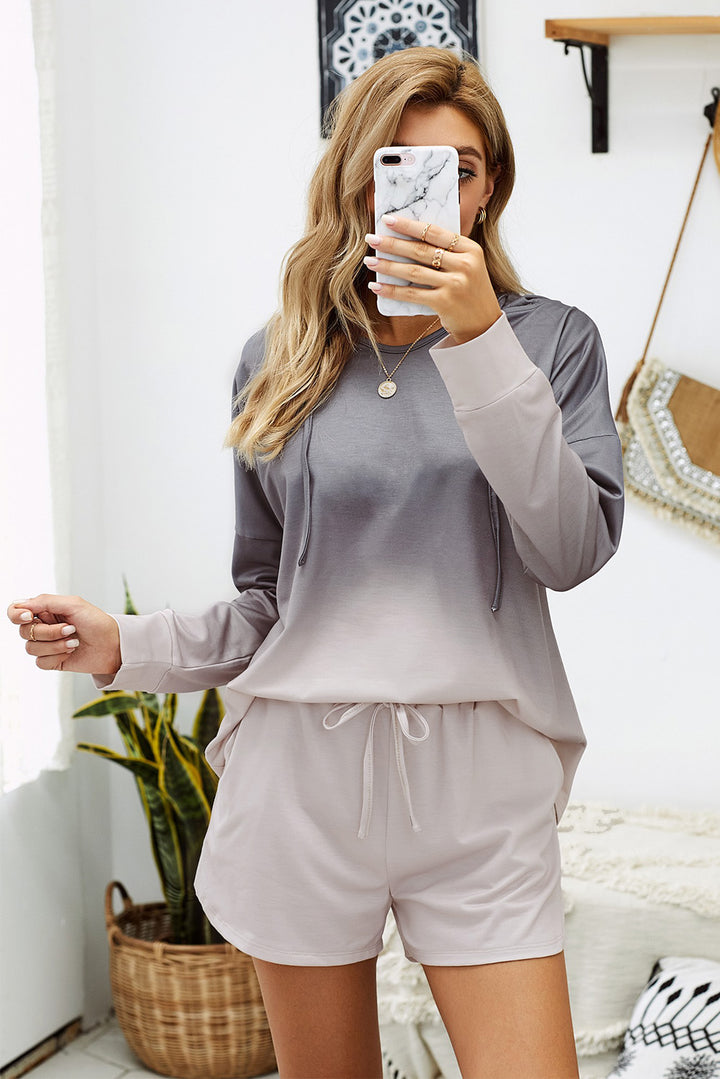 Gray Dip Dye Long Sleeve Hooded Lounge Sweatshirt Shorts Set