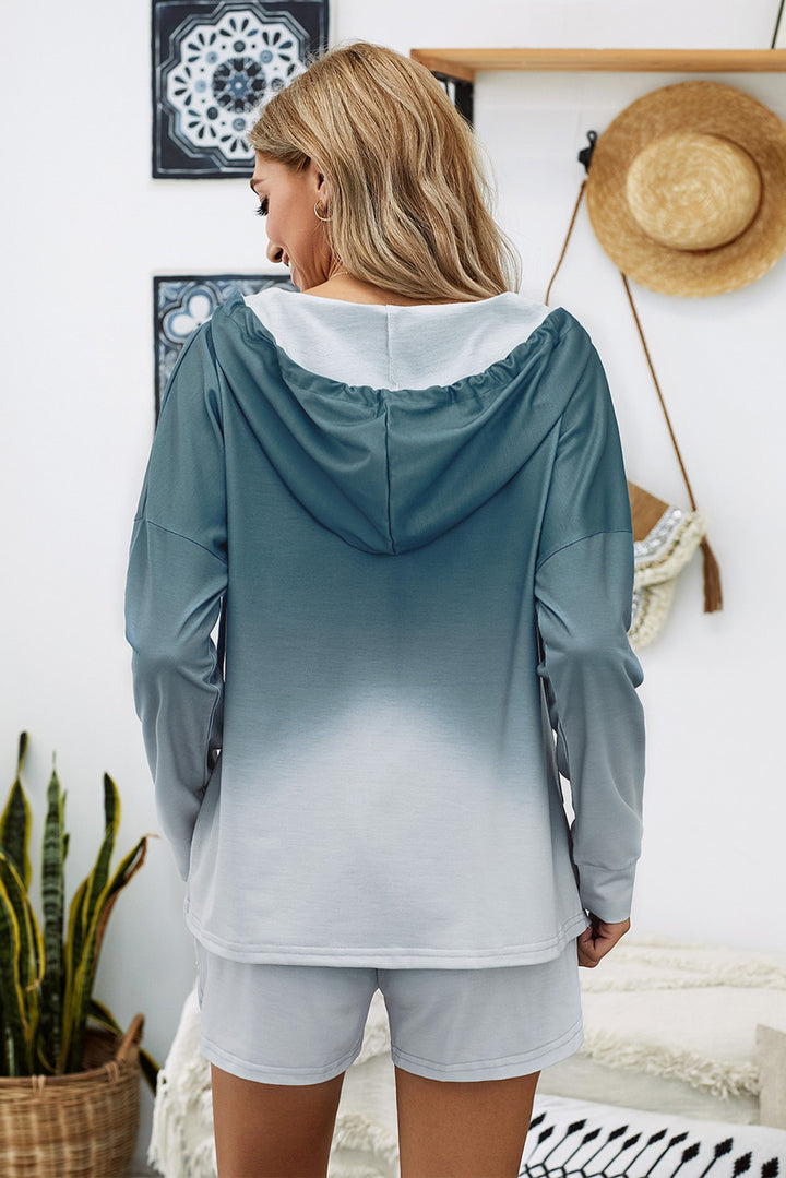 Blue Dip Dye Long Sleeve Hooded Lounge Sweatshirt Shorts Set