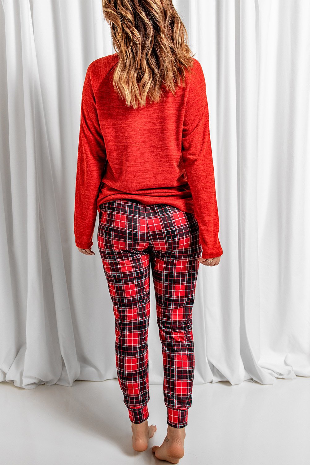 Red Heart Print Plaid Long Sleeve Lounge Set