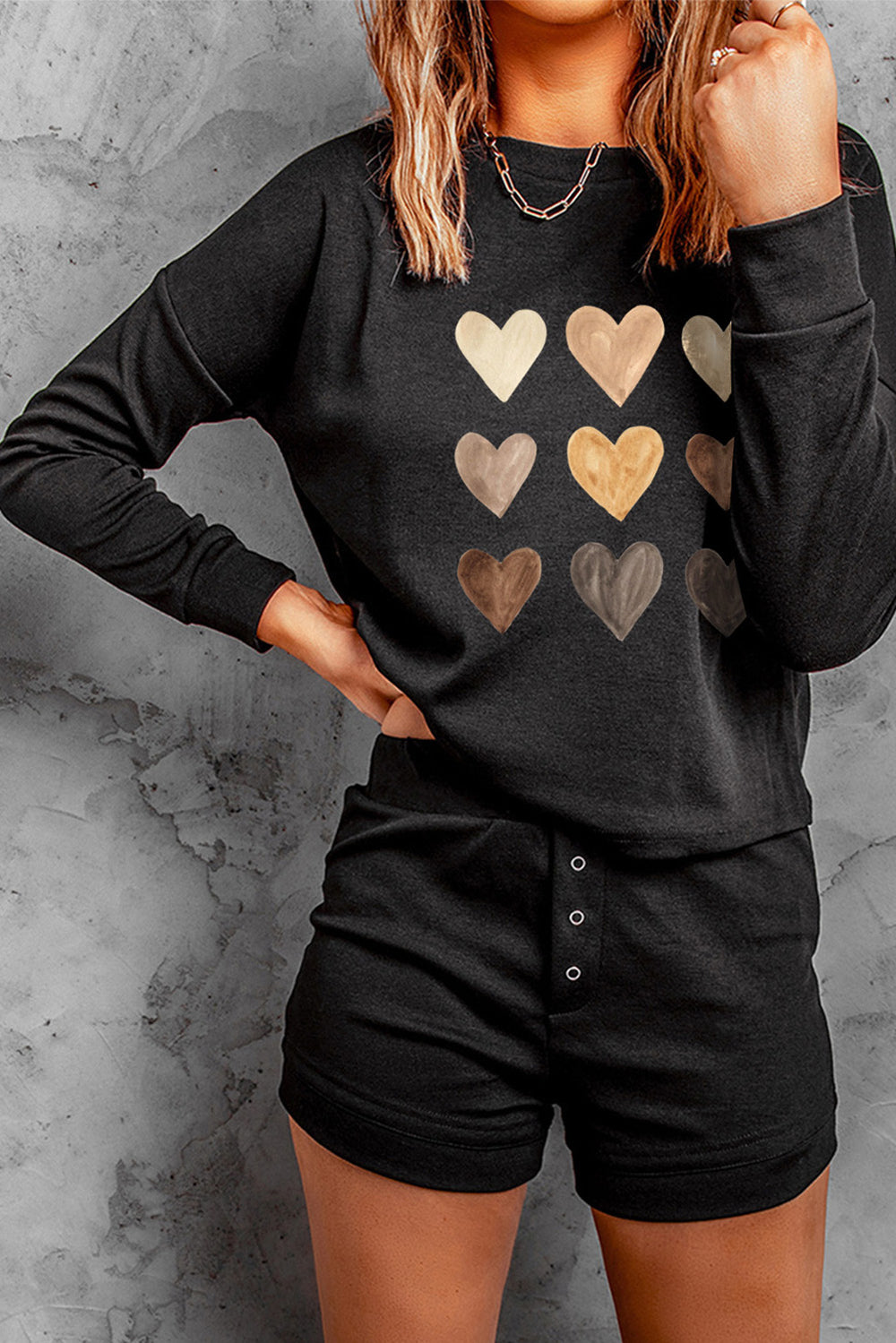 Two-piece Heart Print Drop Shoulder Pullover and Buttons Shorts Loungewear