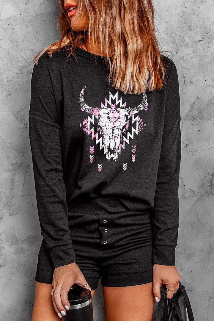 Black Western Steer Head Print Long Sleeve Top and Shorts Loungewear