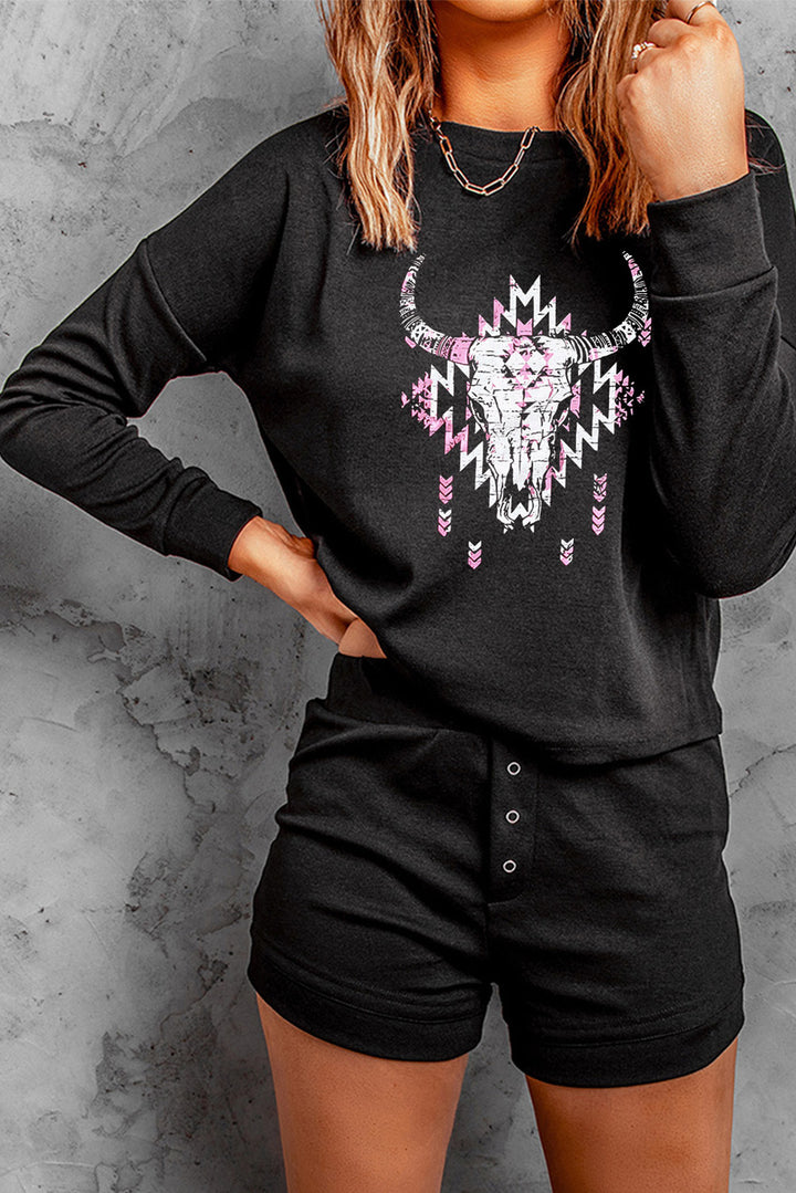 Black Western Steer Head Print Long Sleeve Top and Shorts Loungewear