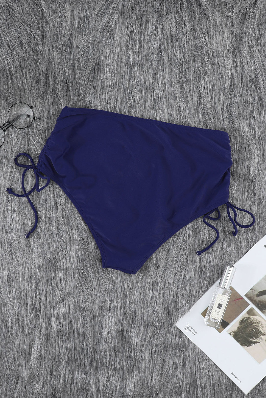 Women Blue Drawstring Ruched Sides High Waist Swim Panty