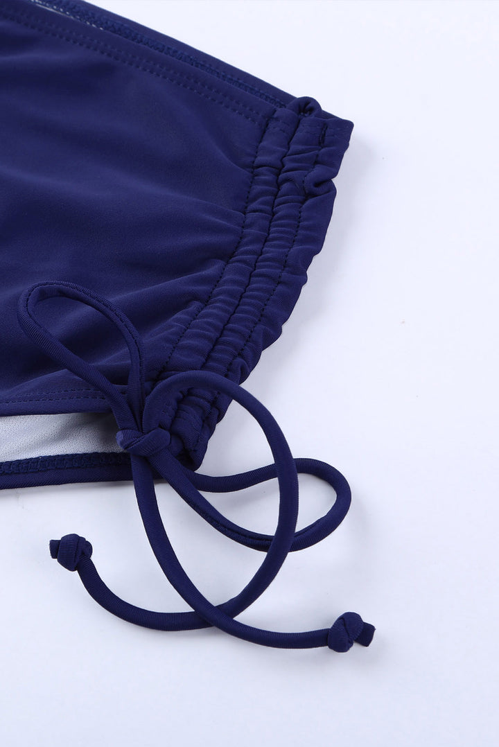 Women Blue Drawstring Ruched Sides High Waist Swim Panty