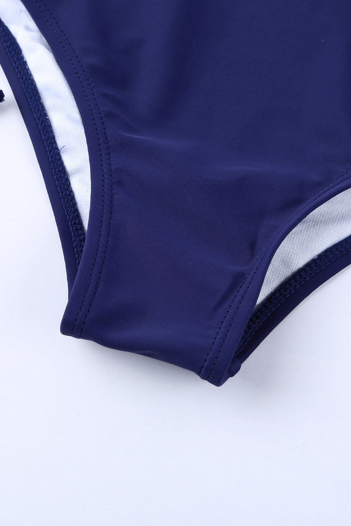 Women Blue Drawstring Ruched Sides High Waist Swim Panty