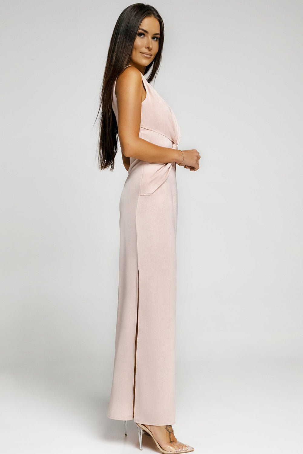 Apricot One-shoulder Twist Detail Sleeveless Party Gown with Slit