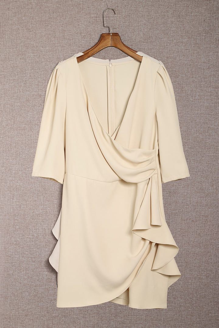 Elegant Apricot Wrap V Neck Asymmetric Pleated Bodycon Mini Dress
