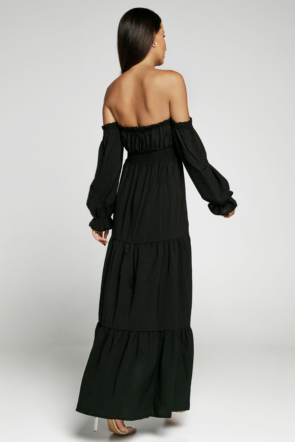 Black Frilled Off-the-shoulder Puff Sleeve Pleated Slit Maxi Dress
