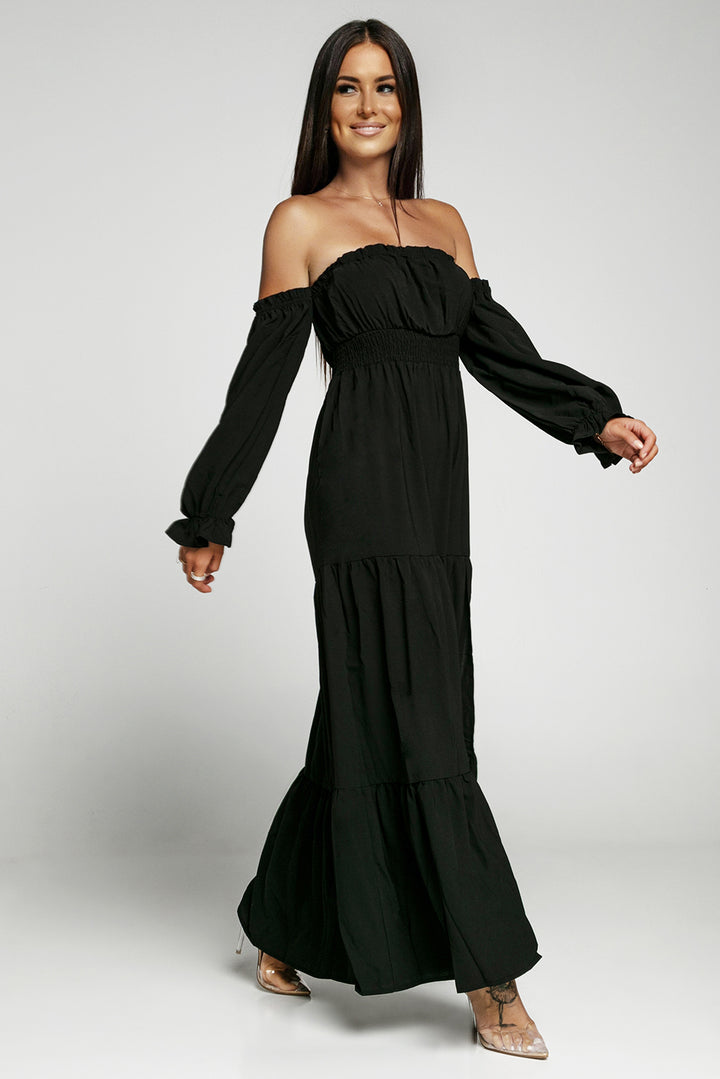 Black Frilled Off-the-shoulder Puff Sleeve Pleated Slit Maxi Dress