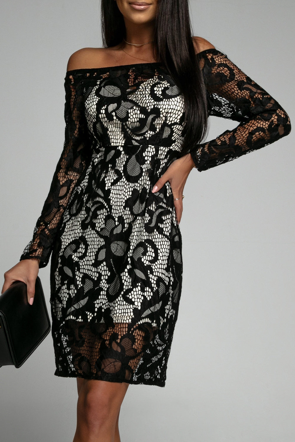 Black Floral Lace Off Shoulder Formal Mini Dress
