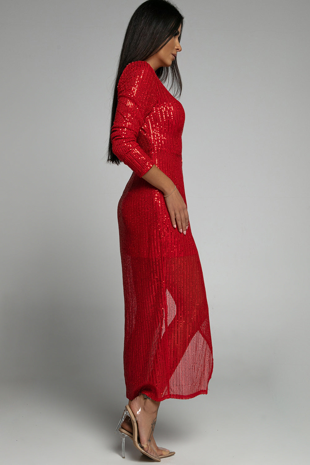 Red Sequined Georgette Wrapped Slit Long Sleeve Party Dress