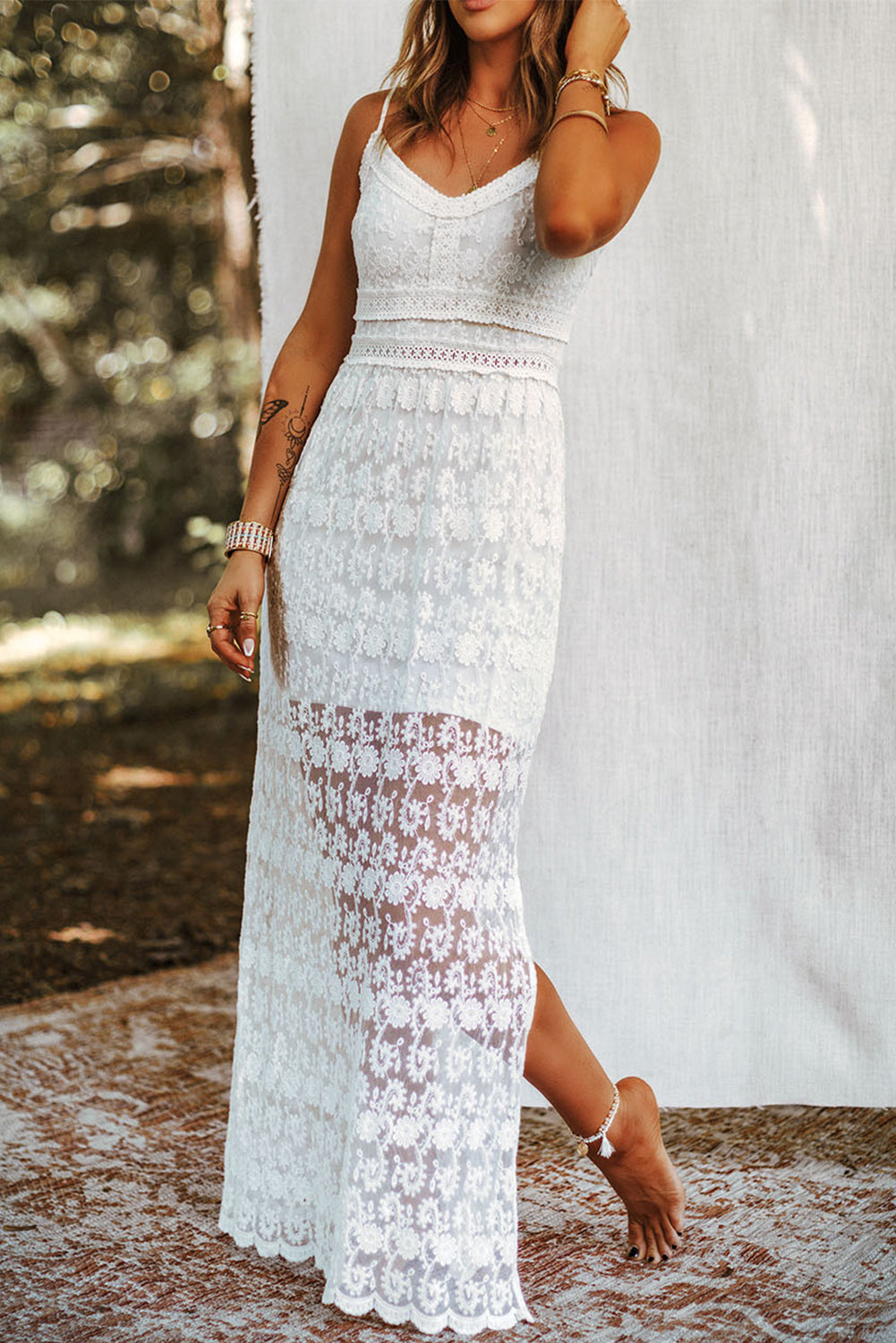 Chic White Spaghetti Straps Lace Lined Maxi Dress with Slits