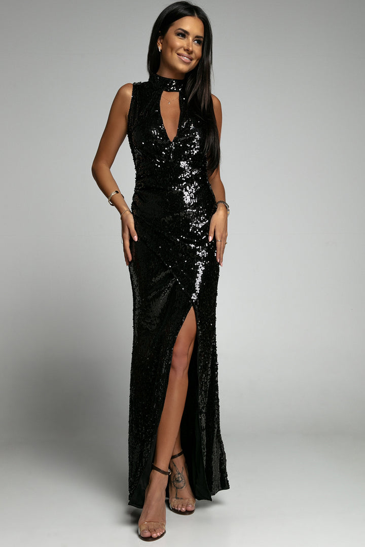 Luxury Black High Neck Hollow-out Bust Sleeveless Sequin Gown with Split